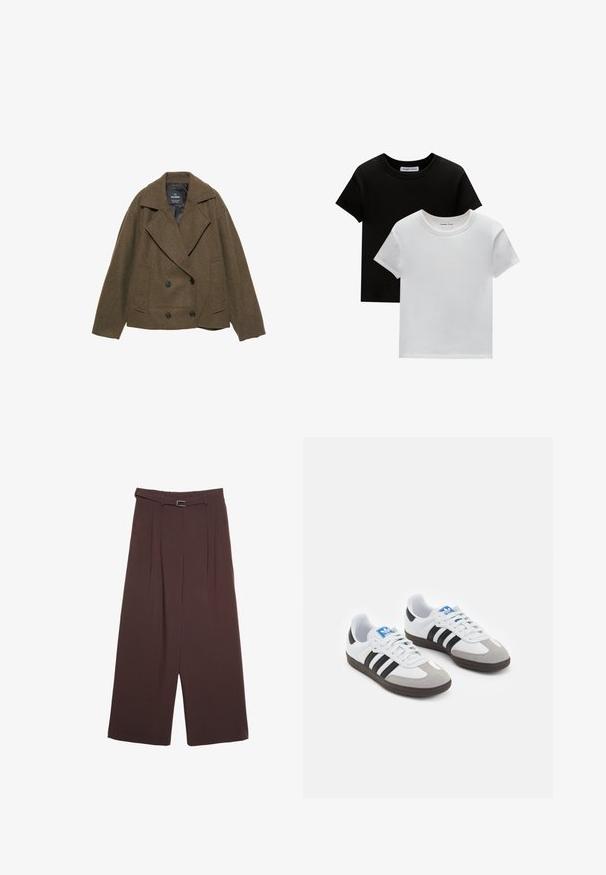 Braun mélange Doppelreiher-Jacke mit breiten Revers, zwei Seitentaschen und schwarzen Knöpfen. Glatte Innenauskleidung. Boxy-Schnitt.; Zwei T-Shirts mit Rundhalsausschnitt in Schwarz und Weiß, aus Baumwolle. Sie haben kurze Ärmel und einfarbiges Design ohne Muster oder Akzente.; Stradivarius WIDE-LEG WITH BUCKLE DETAIL - Stoffhose - dark brown; Sportschuhe mit einem Obermaterial aus weißem Leder, grauer Wildleder-Zehenkappe und drei schwarzen Streifen. Sie verfügen über ein blaues Logo auf der Zunge und eine strukturierte Gummisohle.