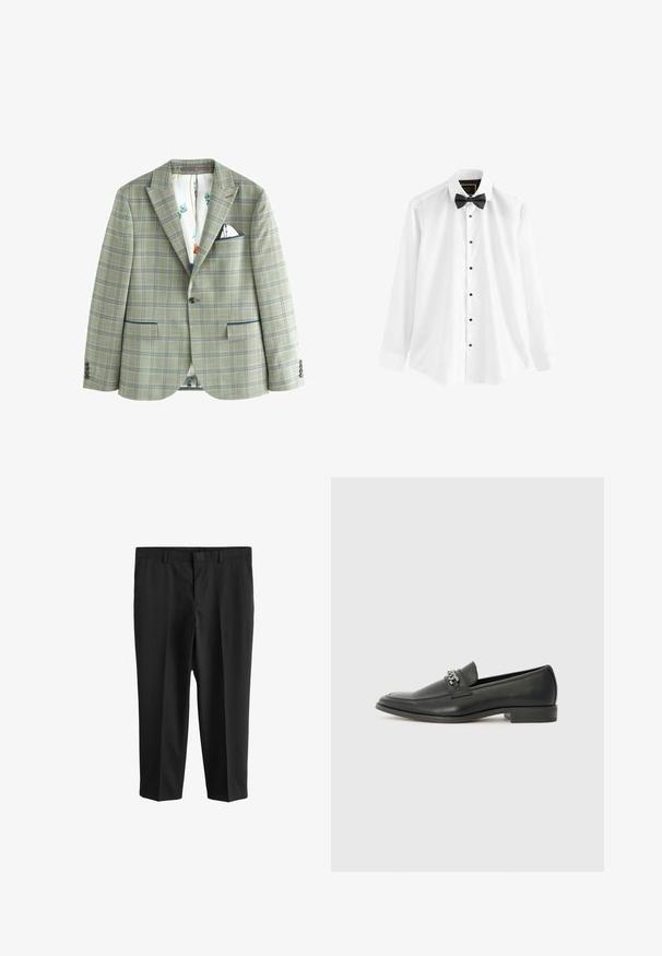 Next TRIMMED - REGULAR FIT - Suknjič - green; Bela srajca iz bombaža z dolgimi rokavi, črna metuljčkasta in črnimi gumbi spredaj.; Next REGULAR FIT - Hlače za moške obleke - black; Črni usnjeni loafer z gladko površino, ki ima šivano zasnovo in dekorativni kovinski verižni naglas preko vampirja. Ravno peto.