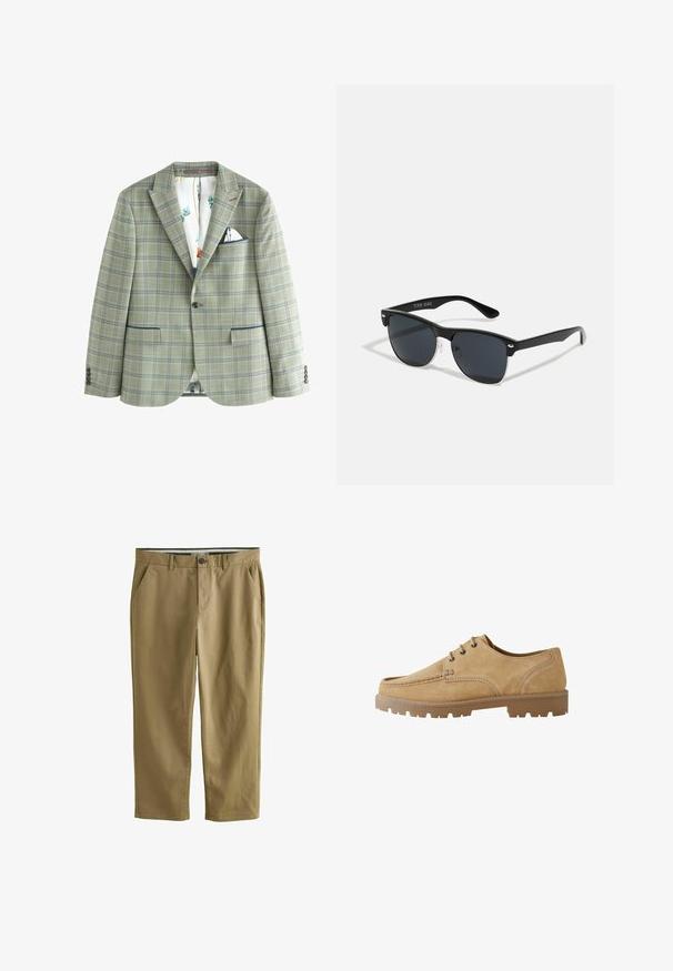 Next TRIMMED - REGULAR FIT - Colbert - green; Korte mouwen beige t-shirt van katoen met een ronde hals en een ontspannen pasvorm, met een gladde textuur en zonder patronen of accenten.; Khaki chino's van een katoenmix, uitgerust met twee zijzakken, een knoopsluiting, rechte pijpen en een gladde textuur.; Tan suède veterschoen met een ronde neus, contrasterende stiksels en een dikke rubberen zool met een profiel voor grip.; Zwarte zonnebril met een rechthoekige vorm, donkere lenzen, zilveren accenten bij de slapen en een matte afwerking op het montuur.