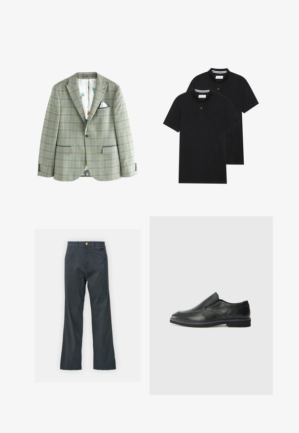 Next TRIMMED - REGULAR FIT - Anzugsakko - green; Zwei schwarze Polohemden, kurzärmlig, aus Baumwolle, mit einem klassischen Kragen, zwei Knöpfen und weißen Streifenakzenten im Inneren des Kragens.; Schwarze Hose mit geradem Bein, aus einem Baumwollmix. Verfügt über einen Metallknopfverschluss und seitliche Taschen. Keine sichtbaren Muster.; Schwarze Leder-Slipper mit glattem Obermaterial, gesteppten Akzenten, runder Zehenpartie und niedrigem Gummiabsatz. Die Sohle hat ein minimales Profil.