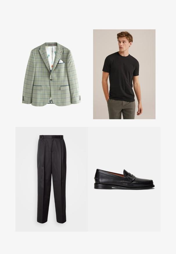 Next - Marynarka garniturowa; Młody mężczyzna z kręconymi jasnobrązowymi włosami, ubrany w czarną koszulkę z krótkim rękawem i szare spodnie, patrzy w lewo z rękami w kieszeniach.; Czarne spodnie wykonane z gładkiego materiału, z prostym krojem, przednimi zmarszczkami i szlufkami na pasek, o dopasowanym i uporządkowanym fasonie.; Czarne skórzane mokasyny z gładkim wykończeniem, zaokrąglonym noskiem i ozdobnym paskiem na cholewce. Posiadają niską czarną podeszwę.