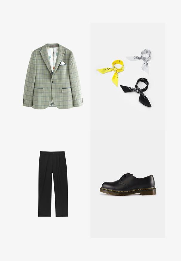 Next TRIMMED - REGULAR FIT - Jakkesæt blazere - green; Sort langærmet henley skjorte lavet af blødt stof, med en knaplukning, rund halsudskæring og tætsiddende ærmer.; Sorte bukser med lige ben, lavet af et glat stof. Har frontfolder og en enkelt knaplukning i taljen.; Sort lædersko med rund tå, snørebåndsdesign, gul syning langs sålen og en kraftig, tekstureret gummisål.; Tre bandanas: en gul med sorte mønstre, en hvid med sorte design og en sort med hvide grafikker. Alle er firkantede og lavet af lette stoffer.; Sort læder messenger taske med sølvspænder, gule syninger, justerbar rem og en lomme foran. Brandlogo vist på forsiden.