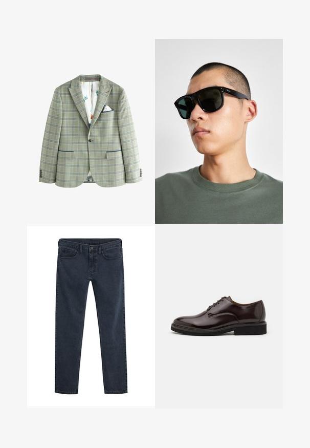 Next - Marynarka garniturowa; Granatowa bawełniana koszulka polo z kołnierzykiem, dwoma guzikami, krótkimi rękawami i prostym dołem. Bez widocznych wzorów lub logo.; Ciemnoniebieskie dżinsy o wąskim kroju, z pięcioma kieszeniami, zapięciem na guziki i subtelną, przecieraną strukturą na całej tkaninie.; Brązowe skórzane półbuty Oxford z błyszczące wykończeniem, okrągłym noskiem, sznurowanym zapięciem i grubą czarną gumową podeszwą. Szczegóły szwów na wierzchu.; Czarne prostokątne okulary przeciwsłoneczne z ciemnymi szkłami, o charakterystycznym kształcie i logo na zauszniku. Noszone przez osobę w zielonej koszuli.