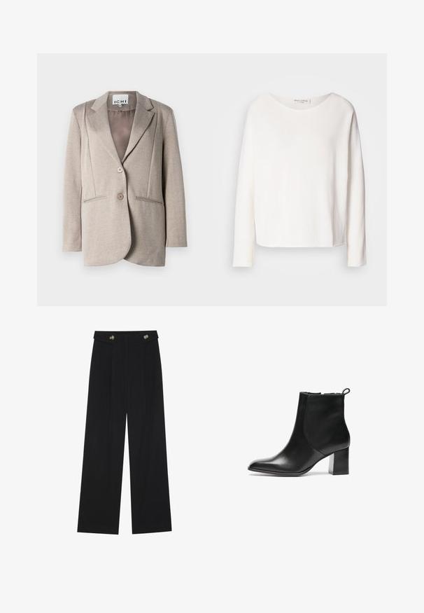 Világosszürke halszálka mintás blézer, puha tapintással, kikönnyített hajtókával, két gombbal és oldalsó zsebekkel. Egyszínű bélés a belsejében.; Hosszú ujjú, kerek nyakú felső puha, könnyű fehér anyagból, laza szabással. Tiszta szegéllyel és látható fémrész nélkül készült.; Fekete, bő szárú nadrág magas derékkal, gombos részletekkel a derékrészen és elülső pliszékkal.; Fekete bőr bokacsizma kerek orral, közepes magasságú blokk sarkával és hátsó húzófüllel. Sima felület, minimalista kialakítás.