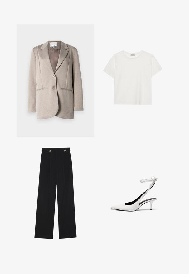 Világosszürke halszálka mintás blézer, puha tapintással, kikönnyített hajtókával, két gombbal és oldalsó zsebekkel. Egyszínű bélés a belsejében.; Fehér, rövid ujjú póló, puha pamutból készült. Kerek nyakkivágással és laza szabással rendelkezik. Tiszta dizájn, látható minták vagy díszítések nélkül.; Fekete, bő szárú nadrág magas derékkal, gombos részletekkel a derékrészen és elülső pliszékkal.; Fehér, hegyes orrú, hátsó pánttal ellátott magassarkú cipők vékony boka pánttal. Finom bőrből készült, vékony tűsarkú, és fekete belső béléssel rendelkezik.