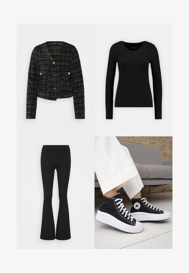 Črno-belega šahovskega jopiča s skrajšanim dizajnom, zlatimi gumbi, dvema sprednjima žepoma in teksturirano tkanino.; Črna majica z dolgimi rokavi, izdelana iz rebraste tkanine. Ima okroglo izrezovanje in prilegajoč silhueto. Preprost dizajn brez vzorcev ali dekorativnih elementov.; Črne hlače s širokimi hlačnicami, izdelane iz raztegljive tkanine, z visokim pasom in gladko teksturo. Hlače se širijo od kolena navzdol.; Črni visoki supergi z belimi gumijastimi podplati in vezalkami. Na njih je okrogel logotip in kontrastno belo šivanje. Iz blaga platna.