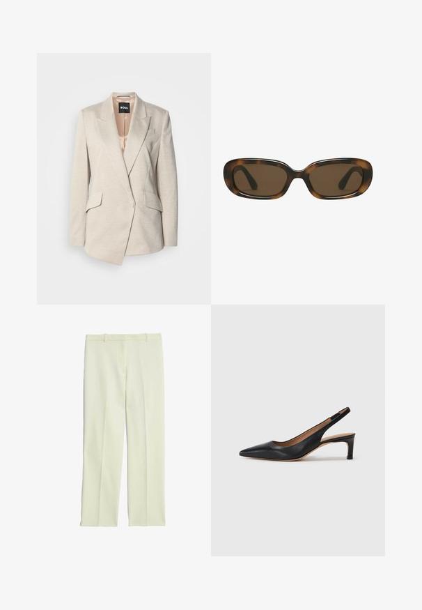 Beige skræddersyet blazer lavet af tekstureret stof med en enkelt knaplukning, v-snit lapeller og to frontlommer. Satinforing indvendigt.; Hvid tætsiddende tanktop med brede stropper, lavet af glat, elastisk stof. Har en rund udskæring og et simpelt, rent design.; Cremefarvede skræddersyede bukser med lige ben, der har en glat front, bæltestropper og en glat tekstur.; Sort læder slingback pumpe med spids tå, lav hæl og en glat overflade. Har en tynd justerbar rem for en sikker pasform.; Skildpadde-mønstret solbriller med en glat, afrundet rektangulær ramme og brune linser. Har tynde, buede arme med en blank overflade.