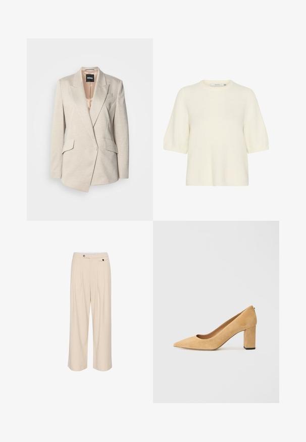 Beige skræddersyet blazer lavet af tekstureret stof med en enkelt knaplukning, v-snit lapeller og to frontlommer. Satinforing indvendigt.; Kortærmet sweater med rund hals lavet af blødt, fluffy materiale i off-white. Har en afslappet pasform med ribbede cuffs og kant.; Beige vide bukser med flad front, to sidelommer, knaplukning og plisserede detaljer for ekstra tekstur og design.; Beige ruskind højhælede pumper med spidse tæer og en kraftig blokhæl. Materialet har en blød tekstur med en glat overflade.