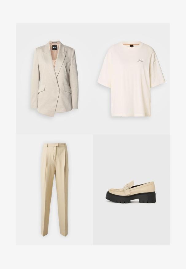 Beige op maat gemaakte blazer van gestructureerde stof met een enkel-knop sluiting, reverskraag en twee voorzakken. Satijnen voering aan de binnenzijde.; Witte oversized T-shirt van zachte stof, met een ronde hals en korte mouwen, voorzien van een klein zwart "Boss" logo op de voorkant.; Beige op maat gemaakte broeken met een rechte snit, voorzien van plooien, een tailleband en een soepele textuur. Geen zichtbare zakken of versieringen.; Beige leren loafers met een zwarte chunky zool, voorzien van een decoratieve gesp en stikseldetails aan de voorkant. Zijaanzicht.