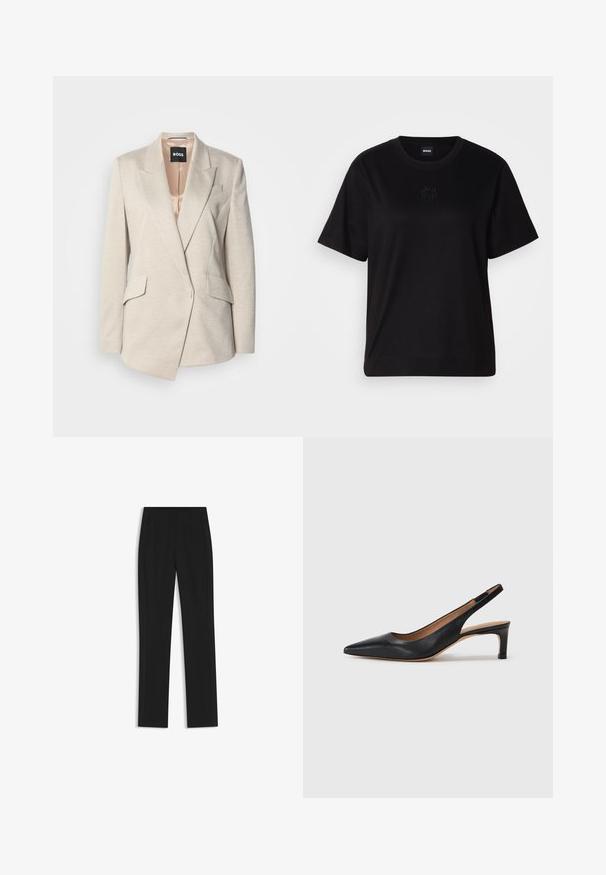 Beige taillierter Blazer aus strukturiertem Stoff mit einem Ein-Knopf-Verschluss, Reverskragen und zwei vorderen Taschen. Satin-Futter im Inneren.; Schwarzes Baumwoll-T-Shirt mit Rundhalsausschnitt, kurzen Ärmeln und aufgesticktem Logo auf der Brust. Einfacher, lässiger Schnitt ohne Muster.; Schwarze maßgeschneiderte Hose mit geradem Bein, ausgestattet mit Fronttaschen und einem glatten, strukturierten Stoff. Saubere, minimale Details.; Schwarze Leder-Slingback-Pumps mit spitzer Zehenform, niedrigem Absatz und glatter Textur. Verfügt über einen dünnen, verstellbaren Riemen für einen sicheren Sitz.