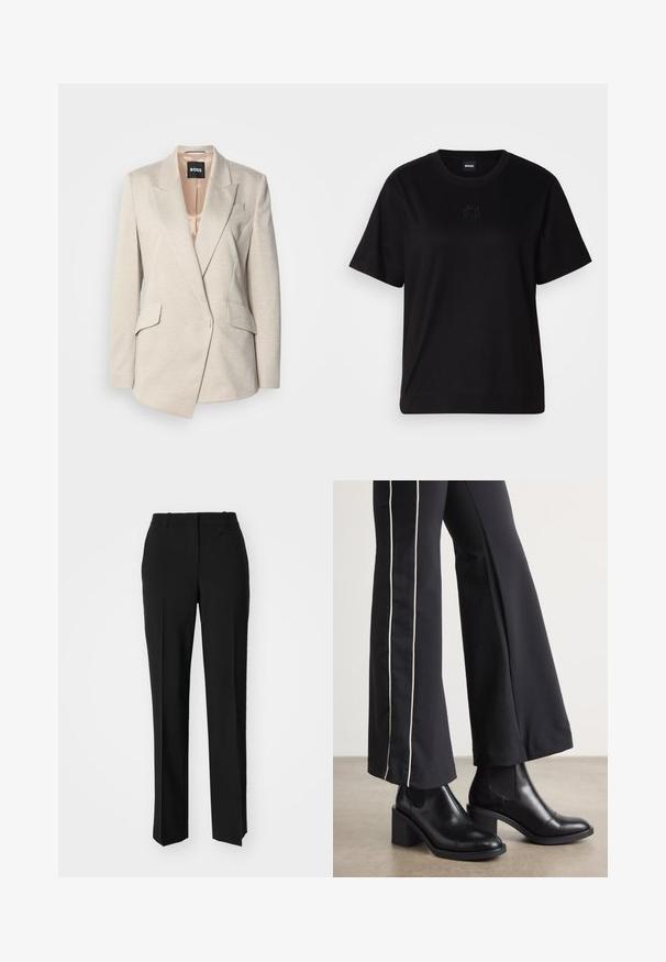 Bežinis pritaikytas bleizeris pagamintas iš tekstūruotos medžiagos, turintis vieną mygtuką, išpjautas apykaklės ir du priekiniai kišeniai. Viduje yra satino pamušalas.; Juodas medvilninis marškinėliai su apvalia iškirpte, trumpomis rankovėmis ir siuvinėjimu ant krūtinės. Paprastas, laisvas siluetas be raštų.; Juodi pritaikyti kelnių modeliai su tiesiomis kojomis, pasižyminčios lygiomis tekstūromis ir ryškiomis klostėmis priekyje. Nėra matomų detalių.; Juodi odiniai auliniai batai su plataus bloko kulnu, turintys elastines šonines dalis. Sukomplektuoti su juodomis kelnėmis, turinčiomis baltą šoninės juostą.