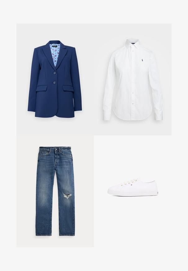 kate spade new york AVREY - Bleizeris - french navy; Balta marškiniai su išilginiais atvartais, ilgomis rankovėmis ir mažai mėlyna logotipu kairėje krūtinės pusėje. Pagaminti iš medvilnės audinio.; Mėlyni džinsai su vidutiniais liemeniu, penkiomis kišenėmis ir suplėšymu dešiniajame kelyje.; Baltos drobės sportbačiai su auksinėmis skylutėmis, plokščiomis raišteliais, struktūrizuota gumine padanga ir minimaliu ženklinimu šone. Žemas profilio dizainas.