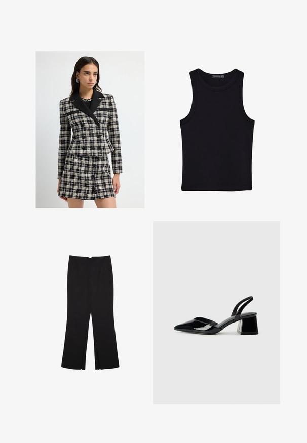 Czarno-biała kostka w kratę z podwójnym zapięciem marynarki i spódnicy. Posiada czarny klapowany kołnierz, duże guziki oraz tkany wzór.; Czarny top na ramionczkach wykonany z bawełny, z okrągłym dekoltem i szerokimi wycięciami na ramionach. Gładka tekstura z przeszytymi brzegami. Klasyczny, minimalistyczny design.; Czarne spodnie o prostym kroju, z przednimi kieszeniami i bocznymi rozcięciami na dole. Wykonane z miękkiego, gładkiego materiału. Odpowiednie na różne okazje.; Czarne lakierowane półbuty na obcasie z wydłużonym noskiem i geometrycznym słupkiem. Charakteryzują się eleganckim, minimalistycznym designem oraz gładką fakturą.