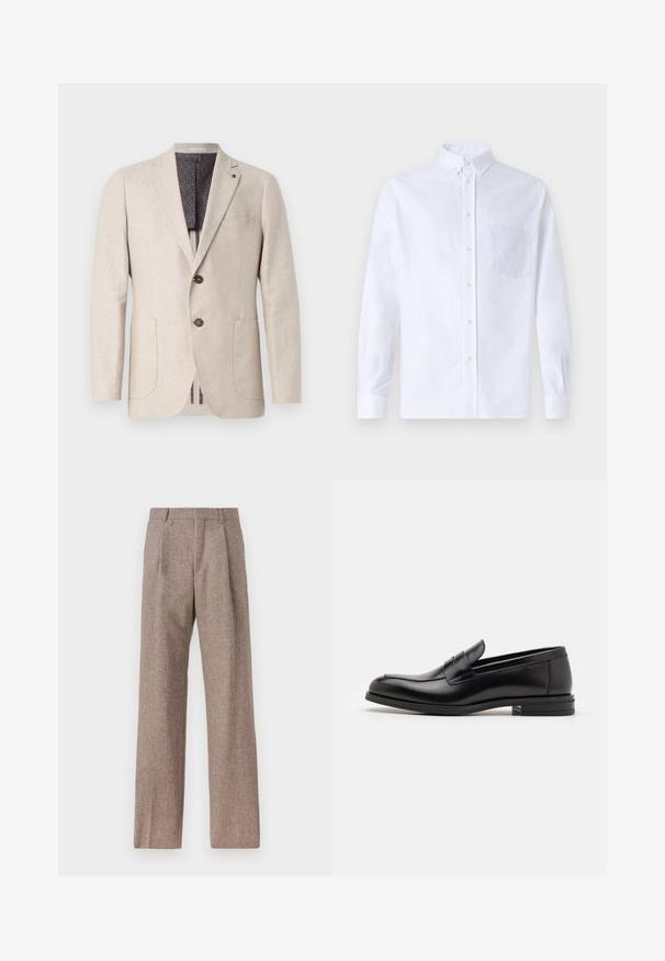 Beige linneblazer med två framfickor, två knappar, slagkrage och ett mönstrat mörkgrått foder. Ren design och strukturerad tyg.; Vit långärmad skjorta med knappar, tillverkad av bomull, med en bröstficka med ton-i-ton broderi, krage och knappmanchetter.; Bruna, högmidjade byxor i texturerat tyg. Har vida ben och två framvikningar för struktur. Välavslutad utan synlig hårdvara.; Svarta läderloafers med en slät yta, rund tå och ett dekorativt band över främre delen. Låg staplad klack, minimalistisk design.