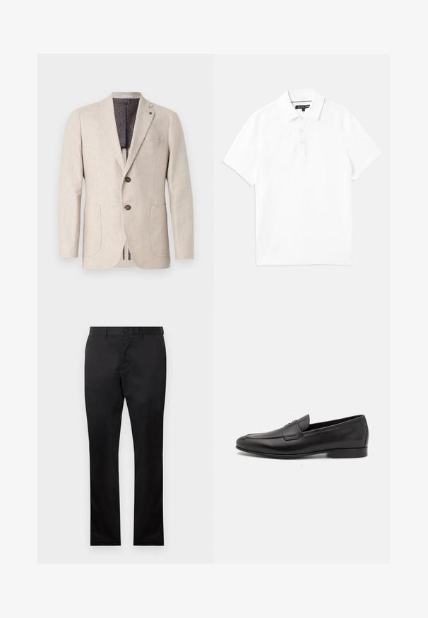 Blazer di lino beige con due tasche anteriori, due bottoni, revers a punta e foderato in un motivo grigio scuro. Design pulito e tessuto testurizzato.; Polo bianco realizzato in un morbido misto cotone traspirante, con colletto, maniche corte e patta con tre bottoni. Texture liscia, senza motivi.; Pantaloni in cotone neri con un design a gamba dritta, dotati di chiusura frontale con bottone e tasche laterali, texture liscia, senza motivi visibili.; Mocassino da uomo in pelle nera con tacco basso e design classico a striscia, mostrato in profilo laterale su sfondo bianco.