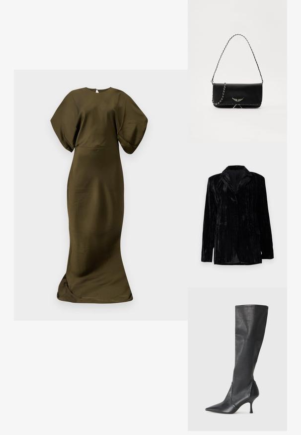 Svart sammetjacka med vertikal randstruktur, slagkrage, två framlagda fickor och en ensam knappstängning. Skräddarsydd passform.; Olivgrön, golvlång klänning med en slät, satinliknande textur. Har vida ärmar och en rund halsringning, med en diskret dragkedja bak.; Knähöga svarta läderstövlar med spetsig tå och smal stilettklack. Slät textur med en åtsittande design och sömnad vid övre kanten.; Svart läderhandväska med en silverkedja, prydd med dekorativa vingdetaljer och vit sömnad längs den nedre sömmen.