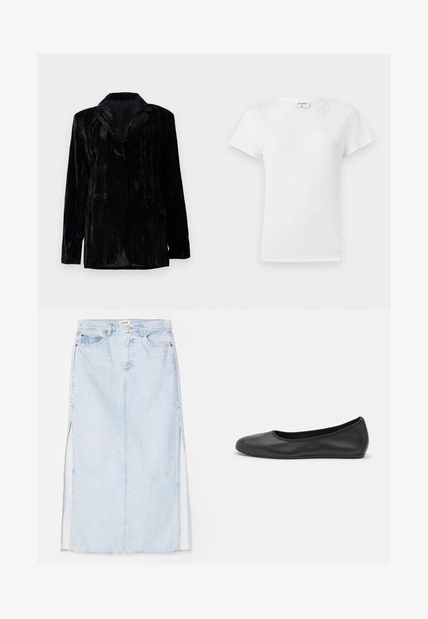 Must mustr pikkade triipudega must sametjakker, klappides, kahe esipocketiga ja ühe nupuga kinnitusega. Kohandatud sobivus.; Valge puuvillane T-särk ümmarguse kaelusega ja lühikeste varrukatega, lõdva lõike ja minimalistliku disainiga. Silt on nähtav kaeluses.; Heledsinine denim maxi seelik sirge lõikega, millel on külgmised lõhed ja viie taskuga disain. Silmapaistev õmblus ja metallist nööp sulgemiseks.; Musthave mustika tantsutossud mustast nahast, ümmarguse varbaga, siledast tekstuurist, minimaalse õmblusdetailiga ja paindliku tallakujundusega.