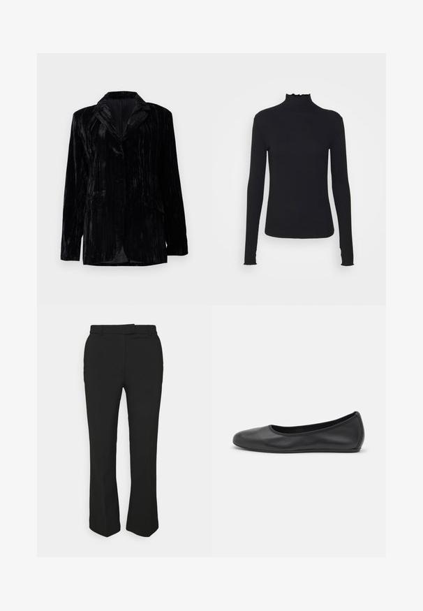 Černá sametová sako s vertikálními pruhy, klopovými límci, dvěma předními kapsami a jedním knoflíkovým zapínáním. Přizpůsobený střih.; Černý dlouhý rukáv rolák vyrobený z hladkého materiálu, s volánkovým límcem a přiléhavým střihem s jednoduchými okraji.; Černé kalhoty na míru se střihovým designem rovného nohavice, mají poutka na opasek a boční kapsy. Vyrobené z hladké tkaniny s čistým zakončením.; Černé kožené baletní byty s kulatou špičkou, hladkou texturou, minimálními švy a flexibilním designem podrážky.