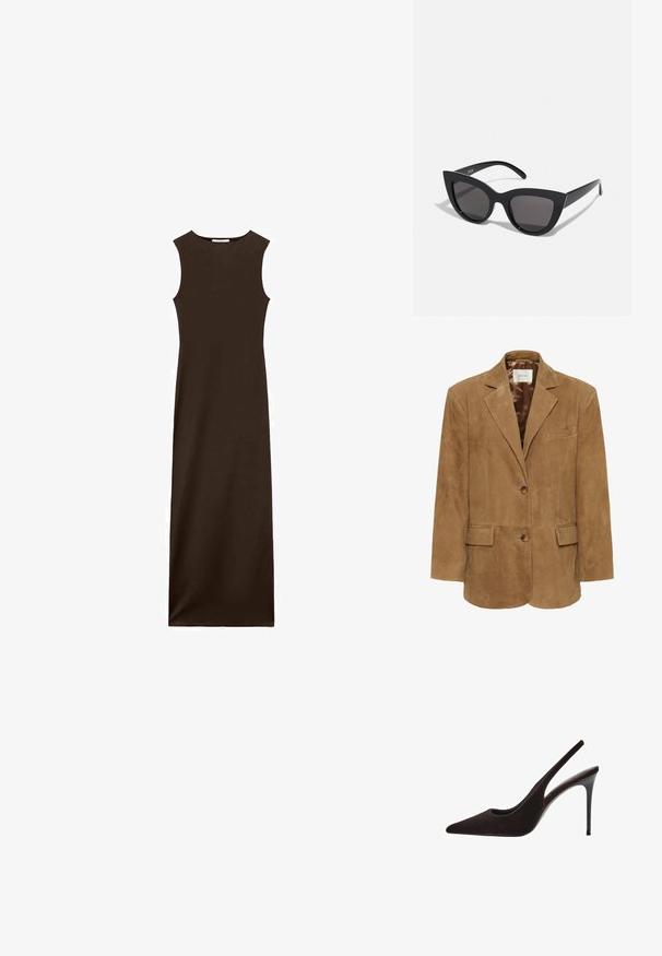 Blazer in suede marrone con colletto a rever, chiusura a un bottone, due tasche frontali e una silhouette slanciata. Fodera interna liscia.; Abito maxi marrone senza maniche con un corpetto attillato e una silhouette dritta. Realizzato in tessuto morbido, presenta un collo rotondo e senza chiusure visibili.; Shoe con tacco alto in suede marrone, con punta affusolata, design elegante, lati con cut-out e tacco a stiletto slanciato.; Occhiali da sole neri a forma di occhio di gatto con finitura opaca, dotati di lenti grigie, angoli acuti e stanghette slanciate. Nome del marchio visibile all'interno della stanghetta.; Borsetta in suede marrone con due manici robusti, forma rettangolare e dettaglio decorativo con cinturino sulla parte anteriore.