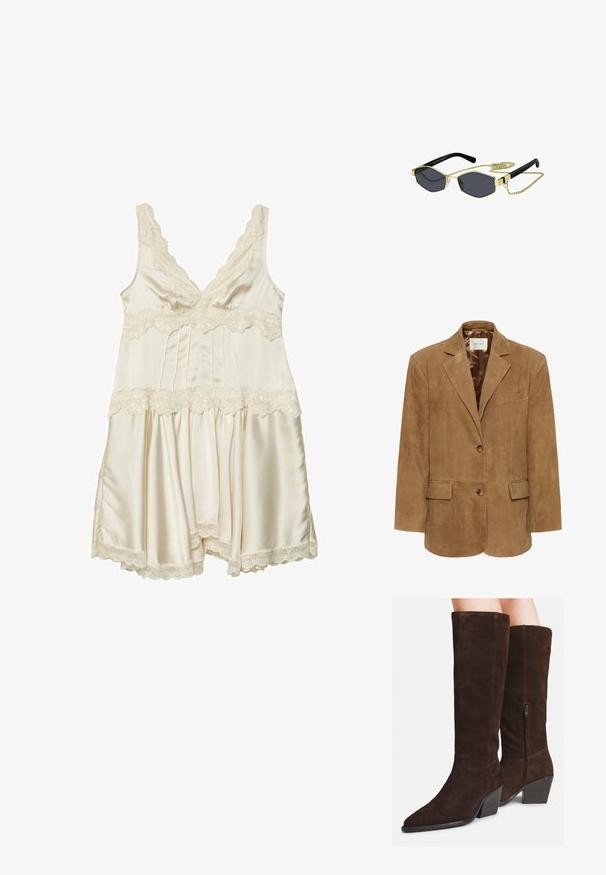 Rjava semiš jakna z rebrastim ovratnikom, enojnim gumbom, dvema sprednjima žepoma in elegantno silhueto. Gladka notranja podloga.; Kremna satenasta nočna obleka z čipkastim robom, ki ima V-izrez, nastavljive naramnice, plisirano bodice in razširjen krilo z valovitimi robovi.; Temno rjave nubuk škornje do kolen s koničastimi nosovi, blok petami in stranskimi zadrgami, oblečene na golih nogah proti beli ozadju.; Oktagonalne sončne naočale s temnimi lečami, zlatimi kovinskimi detajli in črnimi plastičnimi ročaji; vključujejo odstranljivo zlato verigo.