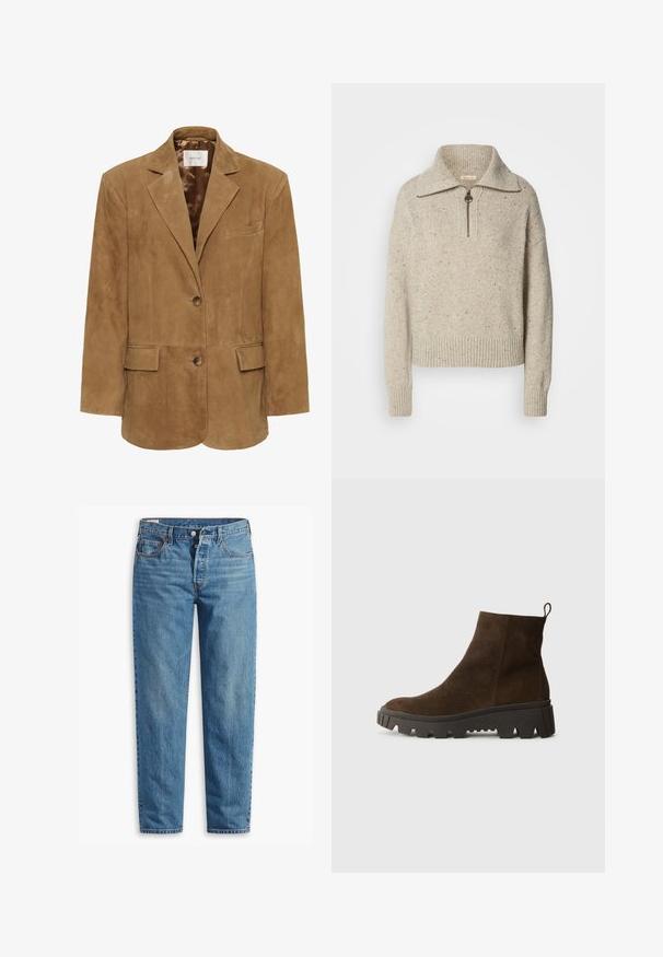 Braune Wildlederblazer mit Reverskragen, einreihiger Knopfverschluss, zwei vorderen Taschen und schlanker Silhouette. Glatte Innenauskleidung.; Beige gestrickter Pullover mit hohem Kragen, Reißverschluss und gerippten Bündchen und Saum. Die Textur weist Stellen dunklerer Fasern auf.; Blaue Jeans aus Denim mit geradem Schnitt, ausgestattet mit einem Reißverschluss, zwei vorderen Taschen und subtilen Verfärbungen im gesamten Stoff.; Braune Wildleder-Ankle-Boots mit einer stabilen schwarzen Gummisohle, leichtem Absatz und einer Schlaufe auf der Rückseite für einfaches Anziehen.