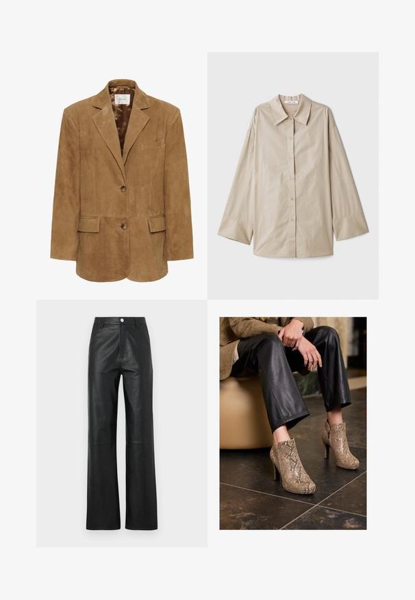 Blazer din suede maro cu guler cu tăietură, închidere cu un singur buton, două buzunare frontale și o siluetă elegantă. Căptușeală interioară netedă.; Cămașă bej cu mânecă lungă, cu un colier mare, ascuțit, cu închidere cu butoane la față și mansete late. Confecționată dintr-un material neted și ușor.; Pantaloni din piele neagră cu o textură netedă, design cu picioare largi, închidere frontală cu buton și detalii de cusătură subtile.; Persoană îmbrăcată în pantaloni din piele neagră și cizme cu toc înalt, cu model de șarpe bej, așezată pe un scaun bej în interior.
