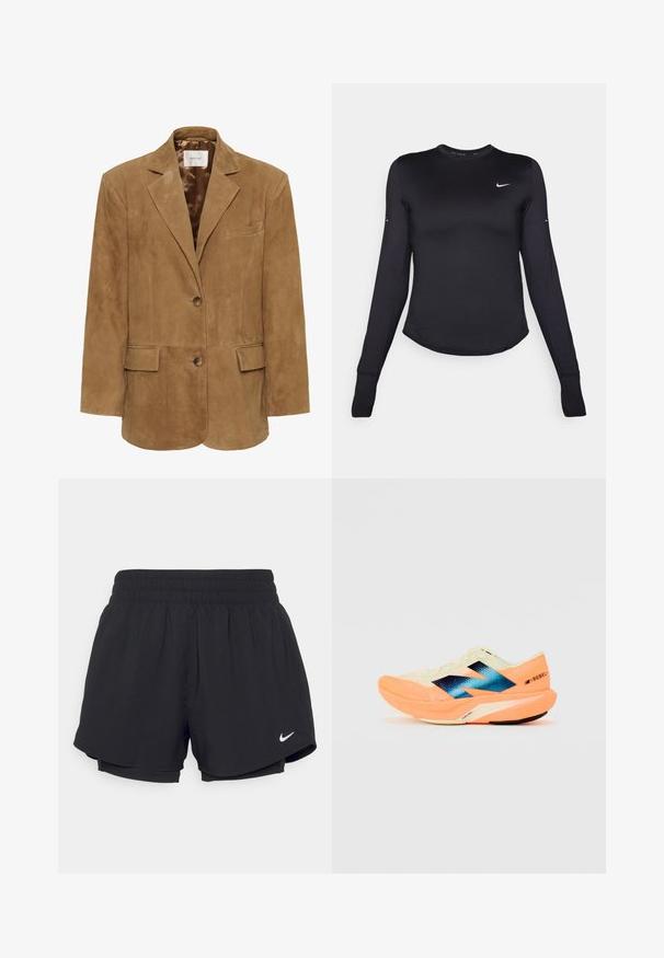 Brun ruskindsblazer med notch-krave, enkel knaplukning, to forlommer og en elegant silhuet. Glat indvendig foring.; Sort langærmet træningsshirt lavet af glat, strækbart materiale. Har en afrundet kant og et lille hvidt Nike-logo på brystet.; Sorte atletiske shorts med en samlet elastisk talje, indvendig foring og hvidt Nike-logo nederst til venstre. Glat, letvægtsstof.; Løbesko med en let cremelæder overdel, blå branding og orange detaljer på sålen. Mesh-struktur for åndbarhed.