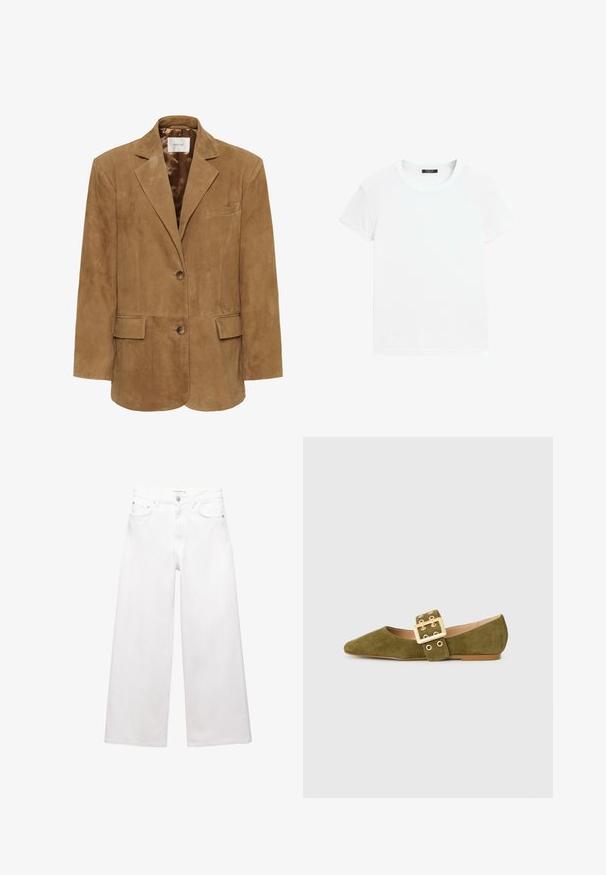 Brązowa skórzana marynarka z wyciętym kołnierzem, z pojedynczym zapięciem na guzik, dwoma przednimi kieszeniami i smukłą sylwetką. Gładka podszewka wewnętrzna.; Biała koszulka z krótkim rękawem, wykonana z miękkiej bawełny, z okrągłym dekoltem i luźnym krojem z podwiniętymi detalami. Bez wzorów ani akcentów.; Białe dżinsy o szerokich nogawkach wykonane z bawełny, z wysokim stanem, pięcioma kieszeniami oraz mosiężnymi detalami. Gładka, nieprzetarta faktura.; Zielono-oliwkowe zamszowe półbuty z szpiczastym noskiem, z szerokim paskiem i detalem w postaci złotej klamry, oraz płaską, brązową podeszwą.