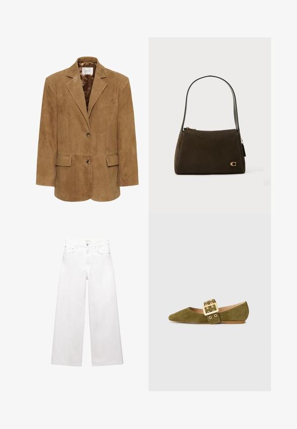 Blazer in suede marrone con colletto a rever, chiusura a un bottone, due tasche frontali e una silhouette slanciata. Fodera interna liscia.; T-shirt bianco a maniche corte realizzato in morbido cotone, con scollatura rotonda e un fit rilassato con dettagli orlo arrotolato. Senza fantasie né accenti.; Jeans bianchi a gamba larga in cotone, caratterizzati da un'alta vita, design a cinque tasche e dettagli in ottone. Texture liscia e non trattata.; Ballerine in camoscio verde oliva con punta appuntita, caratterizzate da una ampia cinturino e dettaglio in fibbia dorata, e una suola piatta marrone.; Borsa a spalla in suede marrone scuro con una singola tracolla, forma rettangolare, chiusura con zip e piccolo logo "C" in tono oro sulla parte anteriore.