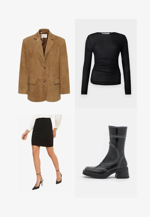 Bruine suède blazer met een notch-kraag, enkele knoopsluiting, twee voorkwasten en een slanke silhouet. Soepele voering aan de binnenzijde.; Zwart lang mouwtop gemaakt van een doorschijnende, rekbare stof. Kenmerken ruches langs de zijkanten en een ronde halslijn.; Zwarte strakke minirok, gladde stof, middelhoge taille, gecombineerd met zwarte puntige hoge hakken met enkelbandjes.; Zwarte lakleren enkellaars met witte stiksels, ronde neus en blokhak. Kenmerkt zich door gebogen ontwerplijnen en een gladde textuur.