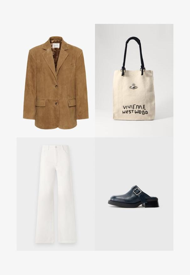 Pruun nahast bleiser, millel on sälguga krae, ühe nupuga kinnitamine, kaks esikotid ja elegantne siluett. Sile sisemine vooder.; Must valge lühikeste varrukatega T-särk ümarast kaelusest mustal taustal, mille krae sees on valge silt, kus on kirjas "D.R.C. EST. 2002".; Valged, kõrge vöökohaga laiad teksad, mis on valmistatud denimist. Omab nupuga sulgemist, kahte esimest taskut ja külgede õmbluste detailseid õmblusi.; Tumesinine nahkaklapid tekstureeritud pinnaga, külgrihma ja hõbedase pandlaga, madalal mustal kontsal ja tugeva tallaga.; Beige kootud kandekott mustade käepidemetega, millel on tikand "Vivienne Westwood" ja dekoratiivne hõbedane orb.