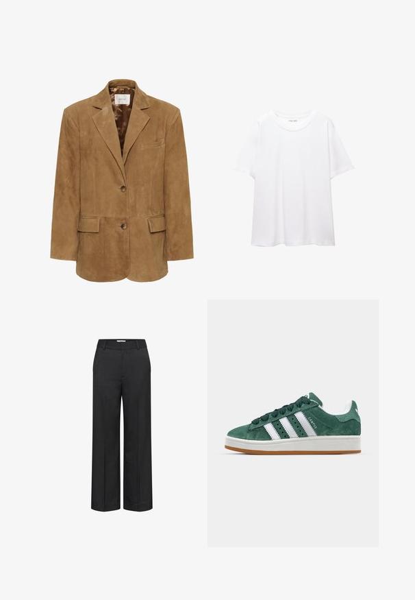 Bruine suède blazer met een notch-kraag, enkele knoopsluiting, twee voorkwasten en een slanke silhouet. Soepele voering aan de binnenzijde.; Effen wit T-shirt van katoen met een ronde hals, korte mouwen en een relaxte pasvorm. Glad textuur zonder patronen of accenten.; Wijdere broekspijpen in donkergrijs, gemaakt van textiel met een structuur. Heeft een gladde tailleband en een middennaad voor een geklede uitstraling.; Groene suède sneaker met witte leren strepen, rubberen zool, gepolsterde kraag en een minimalistisch ontwerp. Bevat merkbranding aan de zijkant.