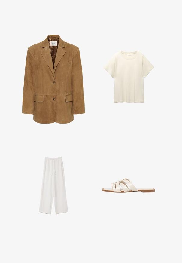 Bruine suède blazer met een notch-kraag, enkele knoopsluiting, twee voorkwasten en een slanke silhouet. Soepele voering aan de binnenzijde.; Lichtbeige t-shirt met korte mouwen en een ronde halslijn, gemaakt van zachte, gladde stof. Heeft een ontspannen pasvorm en een rechte zoom.; Witte wijde broek gemaakt van een lichte stof. Voorzien van een elastische tailleband met een trekkoord en zijzakken. Zachte textuur.; Vlakke sandalen met een tan rubberen zool, ontworpen met drie overlappende witte leren banden en een kleine strikdetail in het midden.