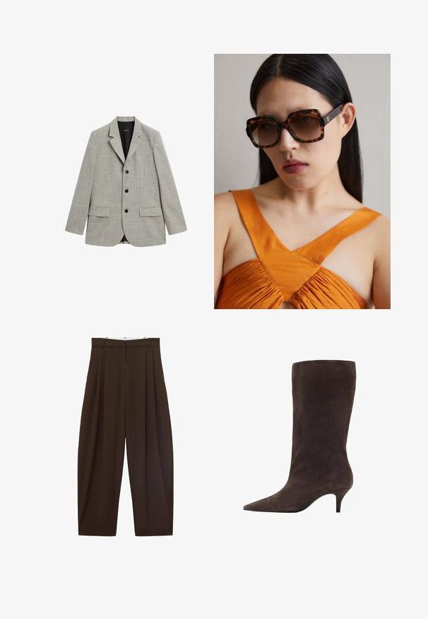 Grå og sort houndstooth-mønsteret blazer, enkeltknappet med notch-lapper, tre knapper og to forlommer. Fodret indre.; Lyserød cardigan med rund halsudskæring, lange ærmer og ribbede manchetter. Har en knaplukning foran og en glat, strikket tekstur.; Hvid bluse med lange ærmer lavet af glat stof, med en bindebånd ved halsen og skræddersyede manchetter. Enkel, klassisk design uden mønstre.; Brune højtaljede bukser med folder, lavet af glat stof. Løs pasform, straight leg design, med bæltestropper og lynlås.; Brun ruskind støvle til knæhøjde med spids tå og mellem høj hæl, der har en glat tekstur og elegant design.; Brune skildpaddemønstrede oversized solbriller med en bred rektangulær kant og gradientlinser. Guldfarvet logo detalje på siden.