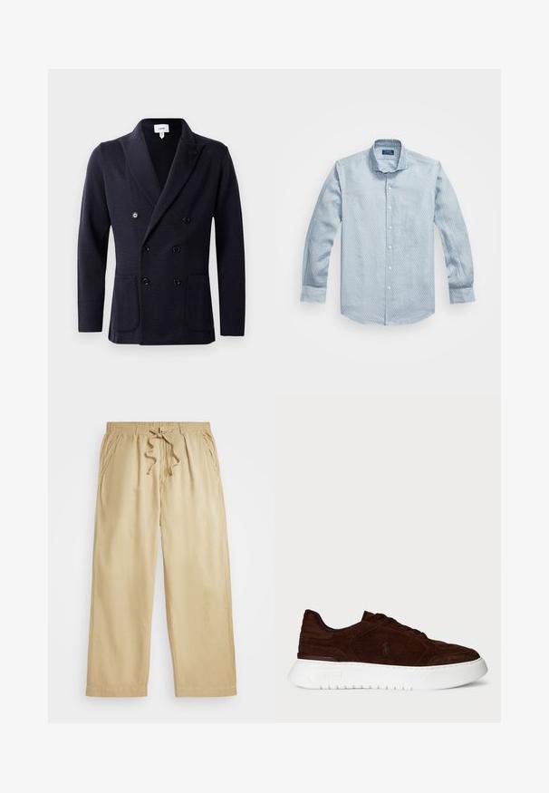 Námornícky dvojradový kabát vyrobený z textúrovaného materiálu, s šiestimi čiernymi gombíkmi a dvoma prednými vreckami. Dizajn s širokým golierom.; Svetlo modrá košeľa na gombíky s textúrovaným vzorom, dlhé rukávy a klasický golier. Biele gombíky a zaoblený lem. Vyrobená z bavlnenej zmesi.; Bežové nohavice na šnúrku s elastickým pásom, širokými nohavicami, dvoma bočnými vreckami a prešitými detailmi na leme. Mäkkučký, ľahký materiál.; Tmavohnedé semišové tenisky s hrubou bielou podrážkou, šnurovacie zapínanie a diskrétne logo Polo na boku, z pohľadu z vonkajšej strany.