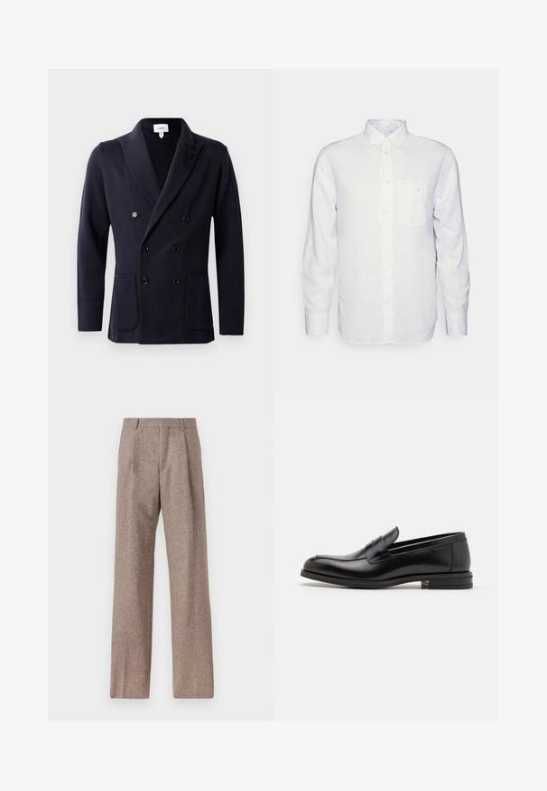 Mornarska dvostruko kopčana jakna od teksturiranog materijala, sa šest crnih dugmadi i dva prednja džepa. Dizajn s kaputom.; Duga bijela košulja od pamuka, s kragnom na dugmad, prednjim džepom i regularnim krojem. Teksturirana tkanina s glatkom površinom.; Smeđe, hlače viskog struka od teksturiranog materijala. Imaju široke nogavice i dva prednja pregiba za strukturu. Uređen završetak bez vidljivih metalnih dijelova.; Crni kožni mokasini s glatkom teksturom, zaobljenim prstima i ukrasnom trakom preko prednjeg dijela. Niski slojeviti potplat, minimalistički dizajn.