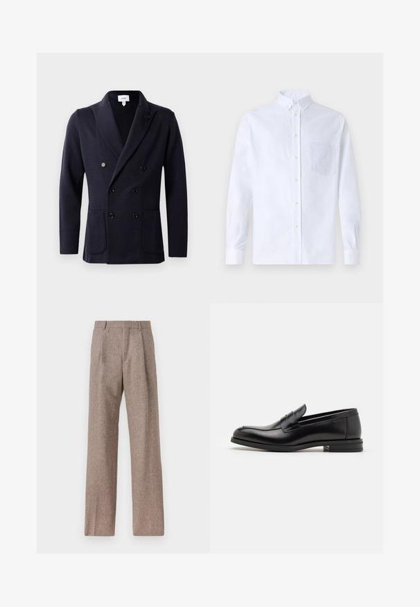 Sacou dublu din material texturat, de culoare bleumarin, cu șase nasturi negri și două buzunare frontale. Design cu guler șal.; Cămașă albă cu mânecă lungă, din bumbac, prevăzută cu un buzunar pe piept cu broderie tonală, guler și manșete cu buton.; Pantaloni bej, cu talie înaltă, dintr-un material texturat. Prezintă picioare late și două pliseuri frontale pentru structură. Finisaj îngrijit, fără accesorii vizibile.; Mocasini din piele neagră cu o textură netedă, vârf rotund și o curea decorativă peste partea superioară. Toc mic, design minimalist.