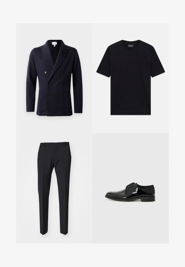 Casaco naval de dupla peito feito de tecido texturizado, apresentando seis botões pretos e dois bolsos frontais. Design de gola xale.; T-shirt preto de manga curta com decote redondo, com um padrão embutido subtil e etiqueta da marca dentro do colarinho, deitado plano sobre um fundo branco.; Calças azul marinho escuras com um corte slim. Feitas de um tecido liso e texturizado, apresentando frente plana, passantes para cinto e bolsos laterais.; Sapato preto de couro com acabamento em pele envernizada, bico arredondado e costura exterior. Apresenta um salto baixo e fecho com atacadores.