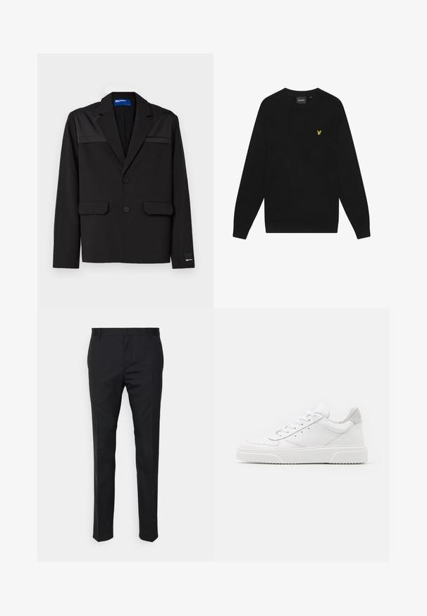 Black blazer featuring a structured design, two front pockets, two buttons, and glossy shoulder accents. Made from a smooth fabric.; Black cotton sweatshirt with long sleeves and a round neck. Features a small yellow eagle logo on the chest. Soft texture.; Black tailored trousers with a straight fit, made from smooth fabric. Features belt loops and crease detail along the front.; White leather sneakers with a smooth finish, rounded toe, flat laces, and a textured sole. Grey suede accent at the heel.