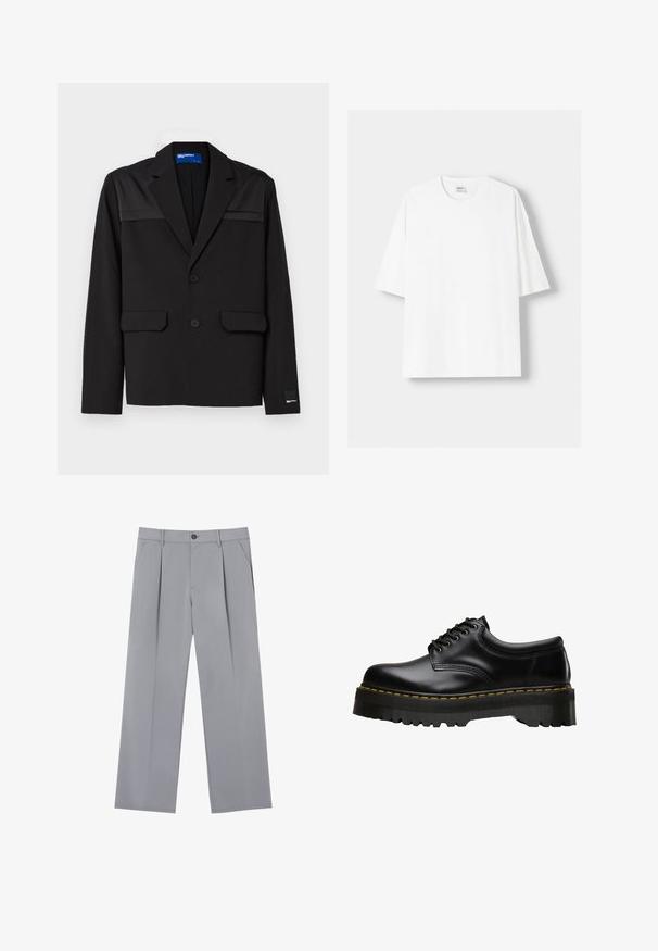 Fekete blézer struktúrált designnal, két elülső zsebbekkel, két gombbal és fényes vállpántokkal. Simaságot biztosító szövetből készült.; Fehér, rövid ujjú pamut póló, kerek nyakkivágással és laza szabással. Simább textúra, látható minták vagy díszítések nélkül.; Szürke, lazább fazonú, pliszírozott nadrág, könnyű anyagból készült. Elöl zsebekkel és gombos derékkal rendelkezik.; Fekete bőr fűzős cipő, vastag, fogazott fekete gumitalppal és sárga varrással a széleken, sima felülettel.