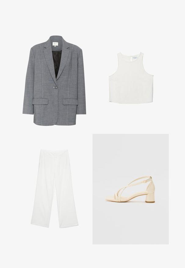 Siv žakard iz strukturirane tkanine z belim šivom, dvema sprednjima žepoma in z enim gumbom za zapiranje. Podloga je črne barve.; Bela brezrokavna majica z okroglim dekoltejem, ki se ponaša z diskretno teksturo, detajlom ključavnice na hrbtu in ravnim robom.; Široke hlače iz belega blaga, ki se ponašajo z gladko teksturo, sprednjimi žepi in klasičnim pasom z zankami za pas.; Beige sandale s peto na blok, z zapletenim dizajnom in prilagodljivim gležnjenjcem, izdelane iz gladkega sintetičnega materiala z mat površino.