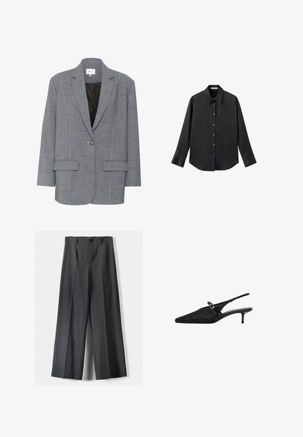 Sivi sako od teksturirane tkanine s bijelim šavovima, dva prednja džepa i zatvaranje na jedan gumb. Podstava unutrašnjosti u crnoj boji.; Crna košulja dugih rukava od glatkog materijala, s klasičnim ovratnikom, prednjim kopčanjem na dugmad u boji zlatne i širokim manžetnama.; Hlače širokih nogavica od tamnosive tkanine, s kopčanjem na gumb, prednjim plisiranjima i petljama za remen. Glatka tekstura s krojem.; Crne slingback štikle s šiljastim vrhovima, zasebnom mrežastom gornjom površinom, uskim podesivim remenom sa srebrnom kopčom i 5 cm visokim stiklama.