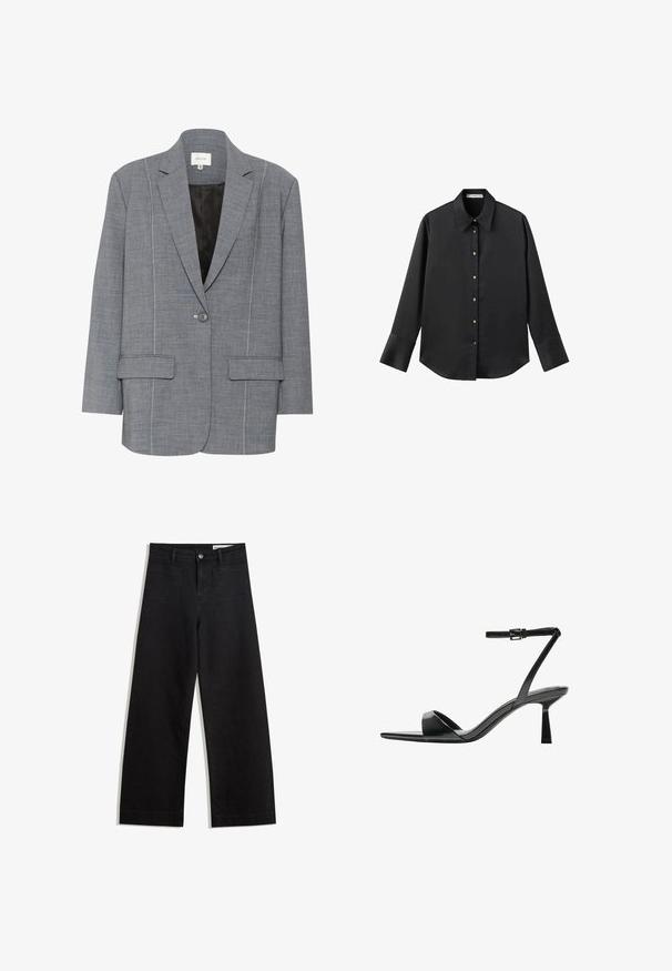 Siv žakard iz strukturirane tkanine z belim šivom, dvema sprednjima žepoma in z enim gumbom za zapiranje. Podloga je črne barve.; Črna majica z dolgimi rokavi iz gladkega materiala, z klasičnim ovratnikom, sprednjim zapiranjem na gumbe z zlatimi gumbi in širokimi manšetami.; Črne široke denim hlače z visokim pasom, ki imajo sprednje in zadnje žepe, šivane šive ter gumbasto zapiranje. Gladka tekstura.; Bershka Sandali z visoko peto - black