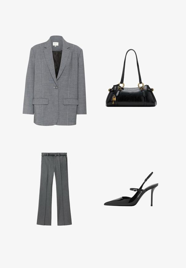 Blazer grigio realizzato in tessuto testurizzato con cuciture bianche, due tasche anteriori e chiusura a un bottone. Interno foderato in nero.; Maglietta nera a maniche lunghe in tessuto morbido, con colletto classico, chiusura frontale con bottoni dorati e polsini ampi.; Pantaloni grigi su misura con un design a gamba dritta, tessuto leggero, passanti per cintura e una cintura stretta con una fibbia argentata.; Slingback in vernice nera con tacco a stiletto, punta affusolata e cinturino regolabile. Superficie liscia con finitura lucida.; Borsa a mano in pelle nera con una texture liscia, forma arrotondata, dettagli in hardware dorato e doppi manici. Presenta un lucchetto decorativo sul lato.