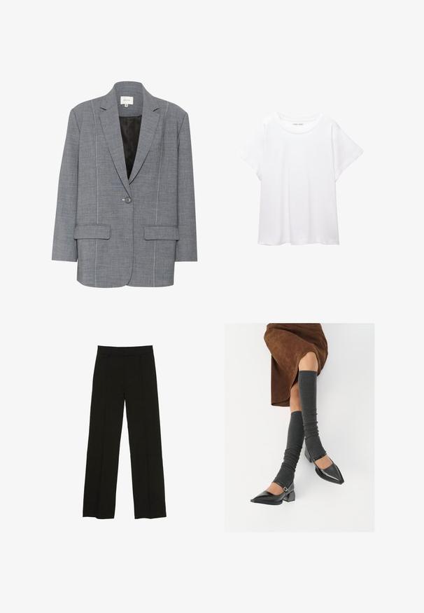Šedý blazer vyrobený z texturované tkaniny s bílým prošíváním, dvěma předními kapsami a zapínáním na jeden knoflík. Podšitý černou podšívkou.; Bílý tričko vyrobené z měkké, lehké tkaniny. Má kulatý výstřih a krátké, široké rukávy s uvolněným střihem. Bez viditelných vzorů.; Černé široké kalhoty vyrobené z hladké tkaniny, s dobře padnoucím pasem a jemnými předními klíny pro zvýraznění textury.; Černé lakované boty s špičatou špičkou, blokovým podpatkem a kotníkovým páskem, spárované s šedými žebrovanými návleky na nohy a hnědskou sukní z semiše.