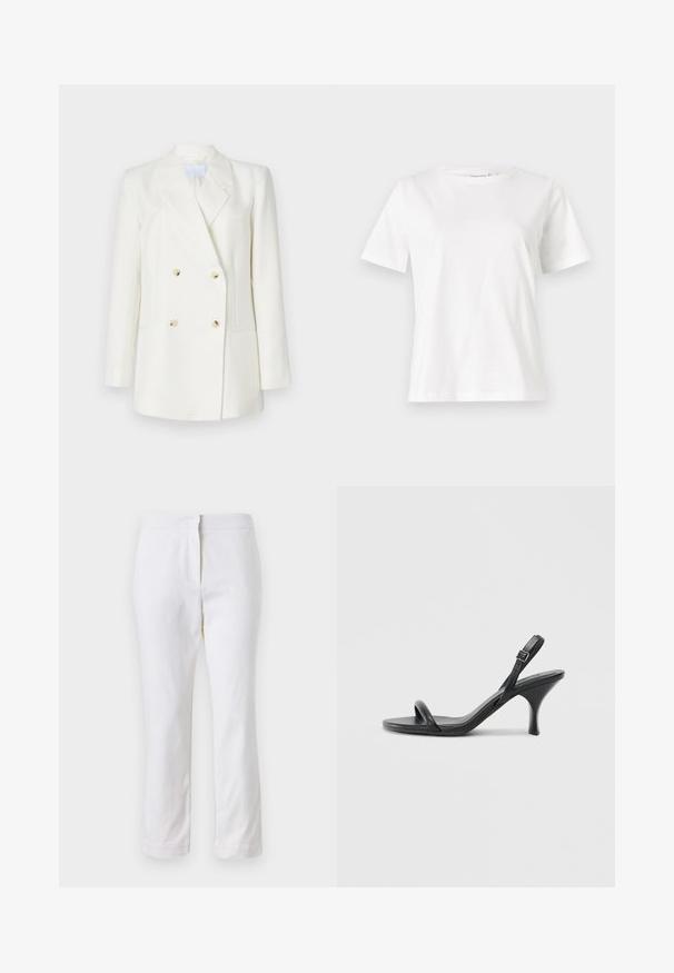 Blazer bianco doppiopetto con rever a punta, dotato di quattro bottoni beige, due tasche frontali e una vestibilità pulita e sartoriale.; T-shirt bianca in cotone con maniche corte, scollatura rotonda e vestibilità rilassata. Struttura liscia, senza motivi né accenti, design minimalista.; Pantaloni bianchi in cotone con design a gamba dritta, caratterizzati da una vita a media altezza e senza hardware o motivi visibili. Tessuto liscio su tutta la superficie.; Sandali con tacco alto in pelle nera, con tacco sottile e curvo e design a fascia incrociata. Cinghia alla caviglia regolabile. Texture liscia.