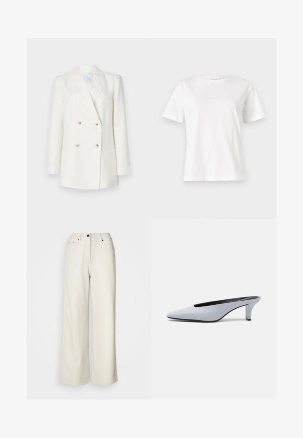 Dubbelzijdige witte blazer met puntrevers, voorzien van vier beige knopen, twee voorzakken en een strakke, op maat gemaakte pasvorm.; Witte katoenen t-shirt met korte mouwen, ronde halslijn en een ontspannen pasvorm. Gladde textuur, geen patronen of accenten, minimalistisch ontwerp.; Crème wijde benen broek van gladde stof. Heeft een mid-rise taille, ritssluiting en twee voorzakken met zwarte hardware accenten.; Lichtblauwe patentleren mule met een spitse neus, een lage doorzichtige hak, en een strak ontwerp met een uitsparing bij de vamp.