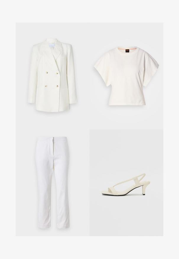 Sacou alb cu două rânduri de nasturi, cu rever ascuțit, având patru nasturi bej, două buzunare frontale și o croială curată, bine ajustată.; Tricou alb scurt, cu mâneci scurte și largi, din bumbac moale, cu decolteu rotund și un finisaj subtil portocaliu, design minimalist, fără modele sau grafice.; Pantaloni din bumbac alb, cu un design drept, având talie medie și fără hardware sau modele vizibile. Textură uniformă pe întreaga suprafață.; Sandale bej cu toc bloc, cu bretele subțiri și vârf pătrat. Material neted cu detalii minime, concepute pentru a fi ușor de purtat.