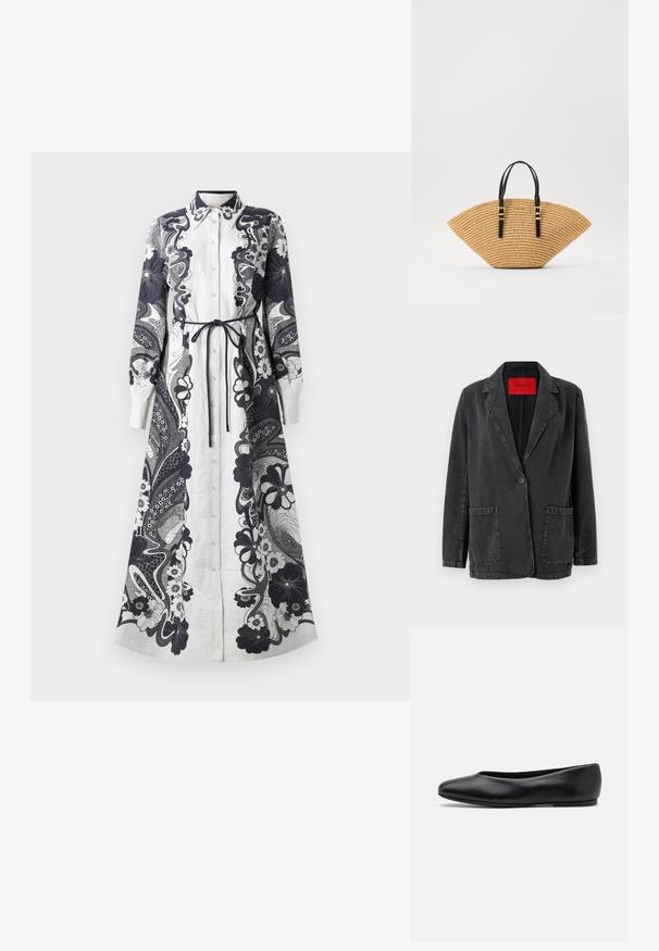 Blazer in denim nero con rever a punta, chiusura a un bottone, due tasche frontali e un'etichetta rossa con il logo all'interno. Tessuto texturizzato.; Abito lungo con bottoni, realizzato in tessuto leggero. Predominantemente bianco con intricate fantasie floreali e paisley in navy. Dettaglio in vita legato.; Paul Smith TOPANGA - Ballerine - black; Borsa in paglia con una forma a ventaglio unica, texture intrecciata beige e manici in pelle nera con fibbie in tono oro. Cinghia regolabile per una maggiore versatilità.