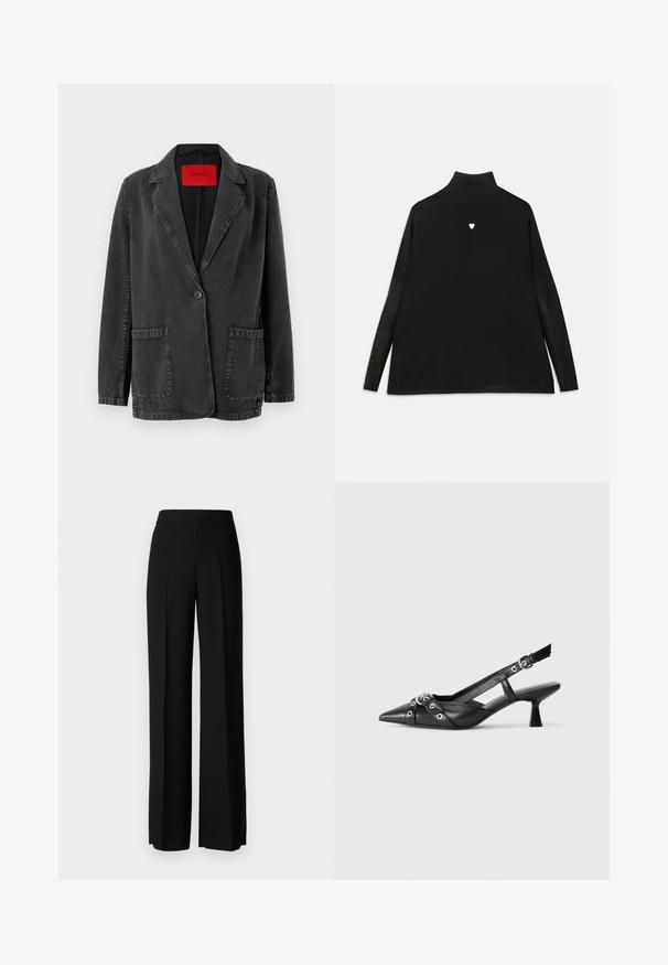 Black denim blazer with a notched lapel, single button closure, two front pockets, and a red branded label inside. Textured fabric.; Black turtleneck sweater with long sleeves, featuring a small white heart emblem on the chest. Soft fabric and relaxed fit.; Black wide-leg trousers with a smooth texture, featuring a high waistband and center pleats. No visible patterns or hardware details.; Black leather slingback shoe with a pointed toe, decorative straps featuring metal eyelets, and a low block heel. Textured surface.